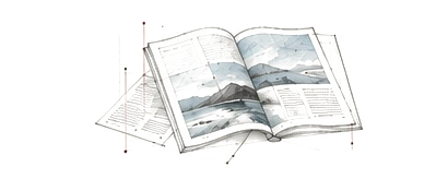 見開きのカタログと紙面を描いた鉛筆画